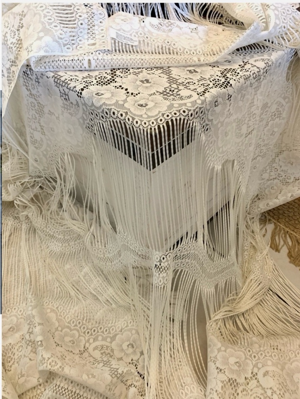 Neutral Lace Fringe Tablecloth — Elegant Cream Table Accent
